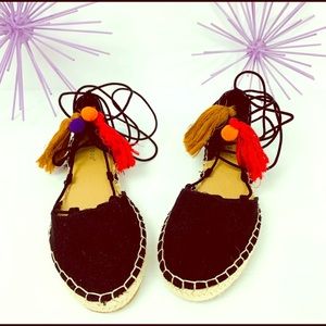 Black tassel, tie up espadrilles